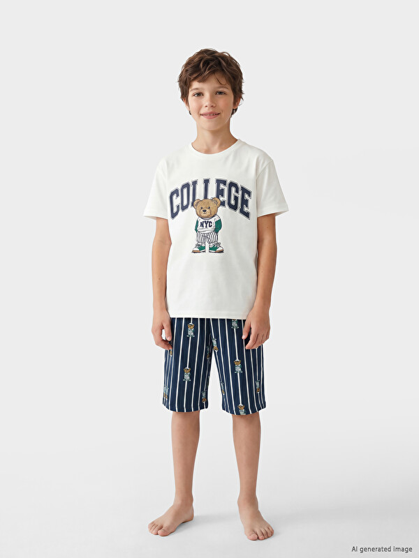 LCW Kids Bear Teddy Printed Boys' Shortie Pyjamas Set
