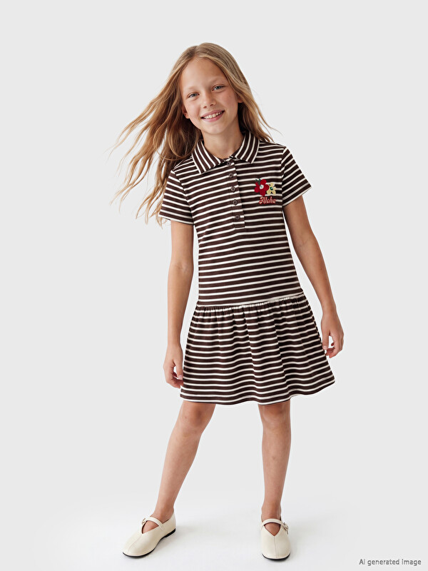 LCW Kids Polo Yaka Çizgili Kız Çocuk Elbise