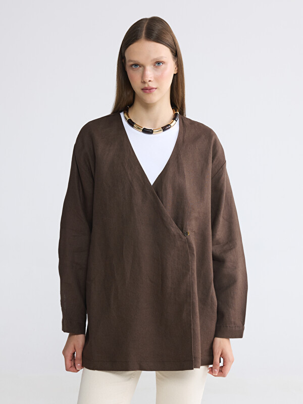 LCW Modest Kruvaze Yaka Kadın Keten Kimono