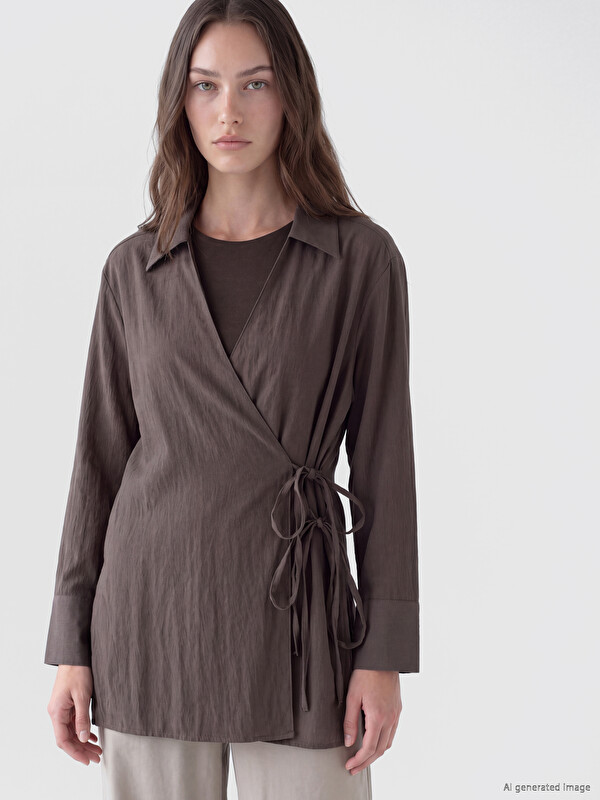 LCW Modest Collared Neck Wrap Cut Tied Blouse