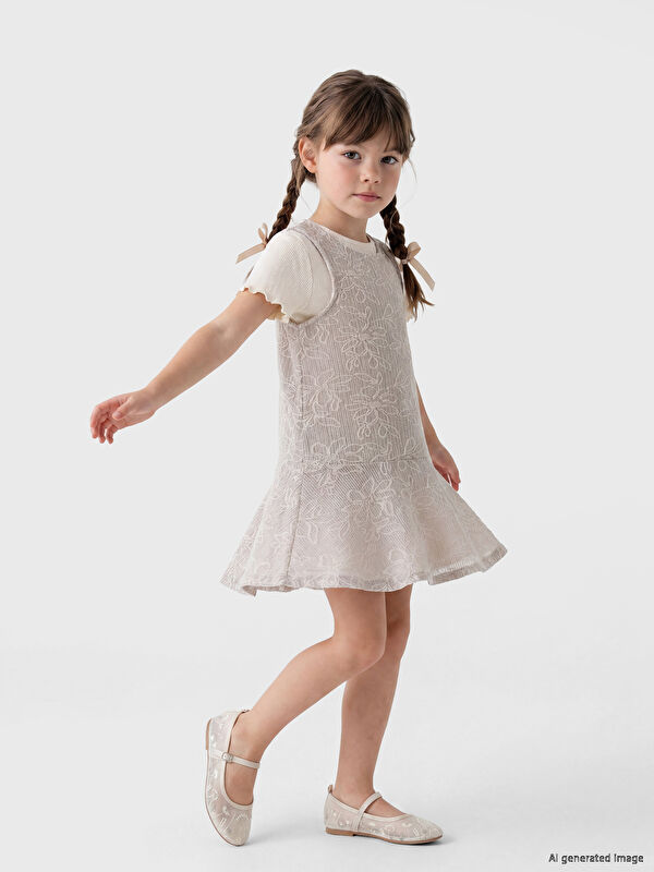 LCW Kids Bisiklet Yaka Çiçek Desenli Kız Çocuk Elbise
