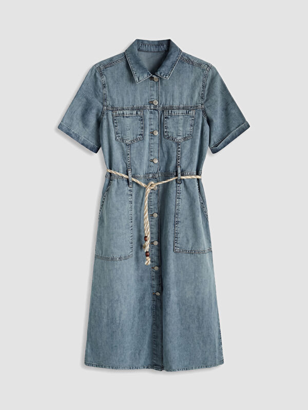 LCW Vision Gömlek Yaka Beli Kemerli Jean Elbise