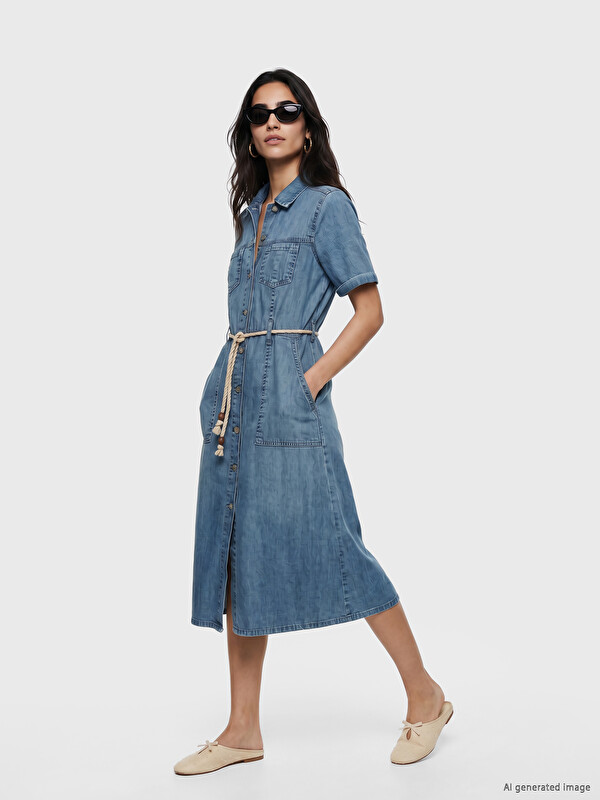 LCW Vision Gömlek Yaka Beli Kemerli Jean Elbise