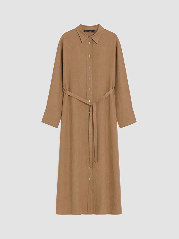 LCW Modest Kuşaklı %100 Keten Gömlek Elbise