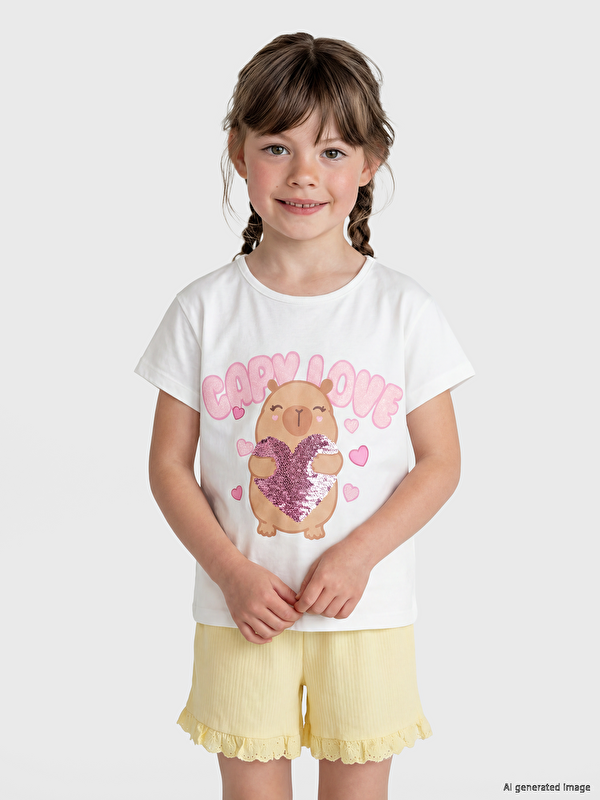 LCW Kids Bisiklet Yaka Payetli Baskılı Kız Çocuk Tişört