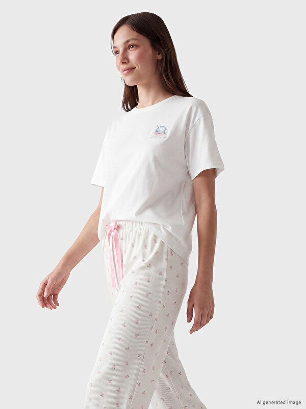 LCW DREAM Bisiklet Yaka Baskılı Kadın Pijama Takım