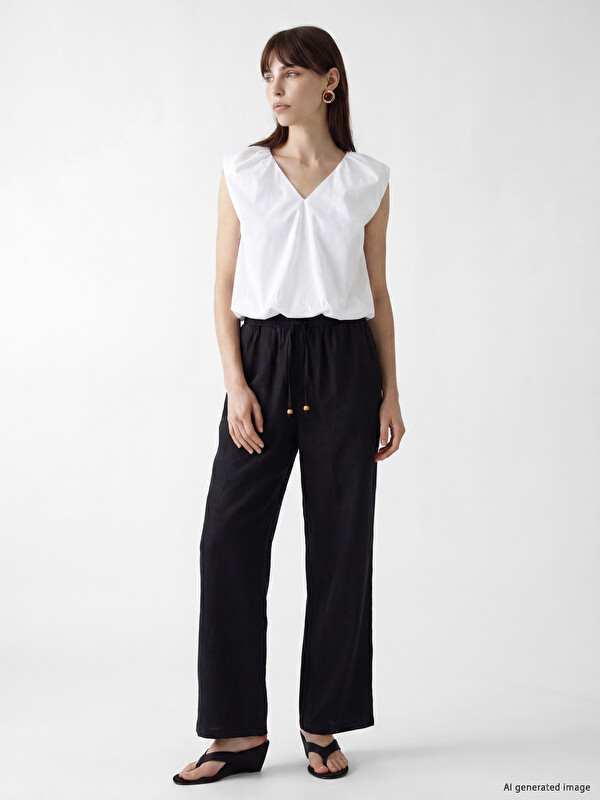 LCW Vision Elastic Waist Women's 100% Linen Trousers