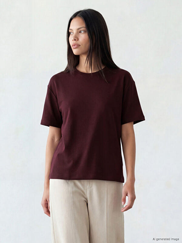 LCW Modest Bisiklet Yaka Oversize Kadın Tişört
