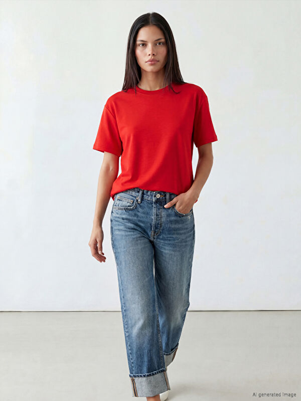 LCW Modest Bisiklet Yaka Oversize Kadın Tişört