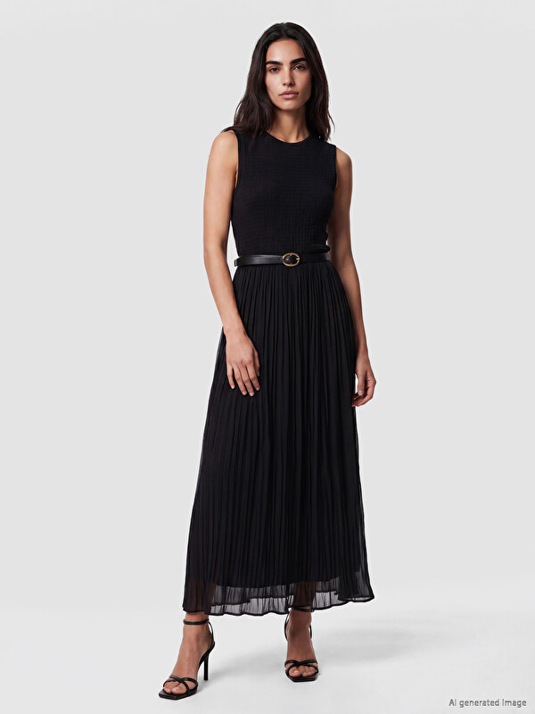 LCW Vision Crew Neck Waist Belted Pleated Dress