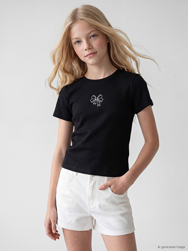 LCW Kids Fiyonk Nakışlı Kız Çocuk Tişört