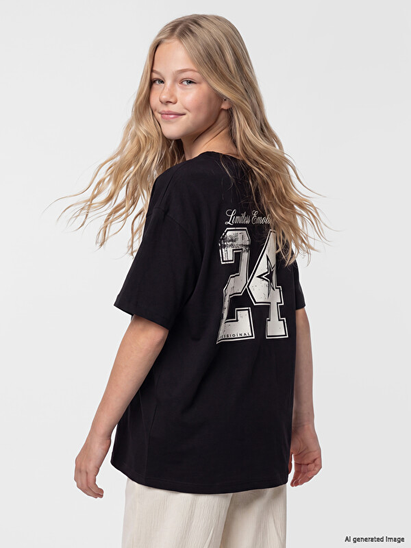 LCW Kids تیشێرتی یەخە خڕی چاپکراوی کچان