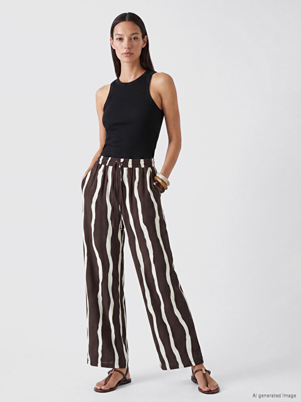 LCWAIKIKI Classic Beli Lastikli Çizgili Kadın Pantolon