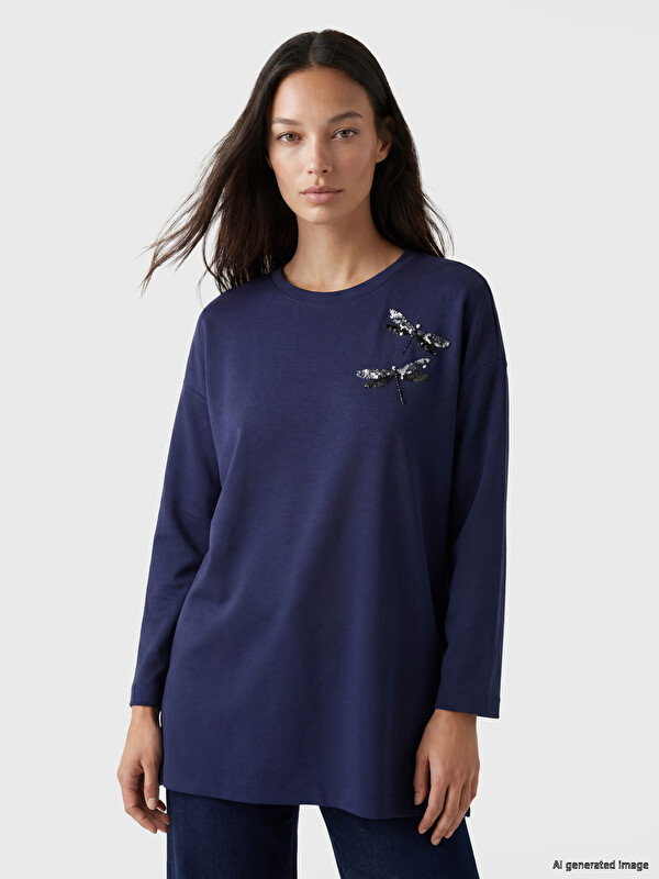 LCW EVERYDAY Crew Neck Soft Touch Embellished Blouse