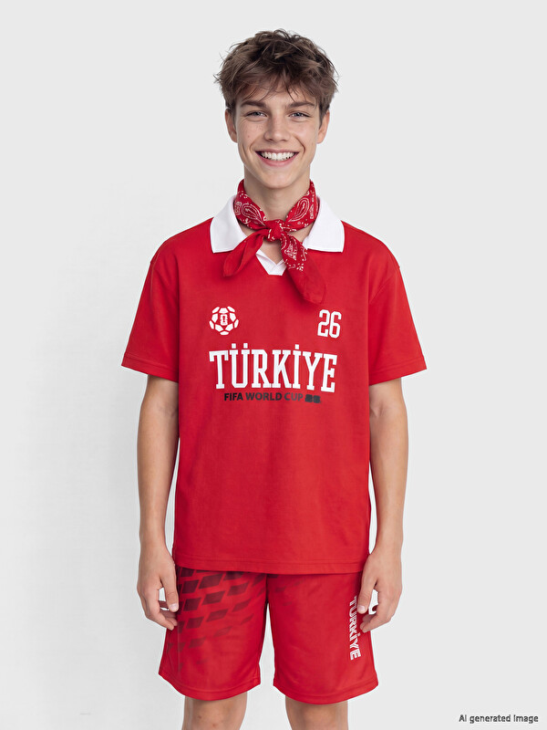 LCW Kids Polo Yaka FIFA World Cup Baskılı Erkek Çocuk Tişört