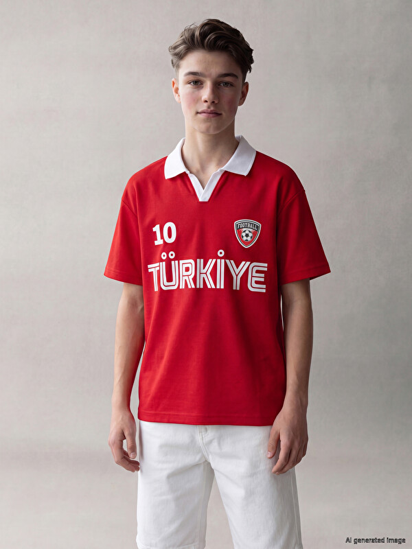 LCW Kids Polo Yaka FIFA World Cup Baskılı Erkek Çocuk Tişört