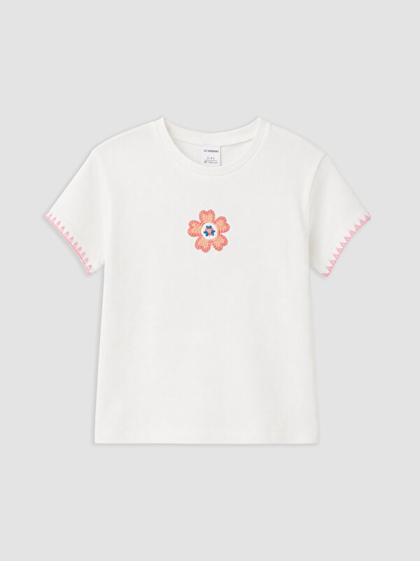LCW Kids Bisiklet Yaka Nakışlı Kız Çocuk Tişört