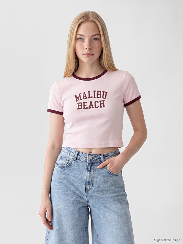 XSIDE Bisiklet Yaka Malibu Baskılı Kadın Tişört