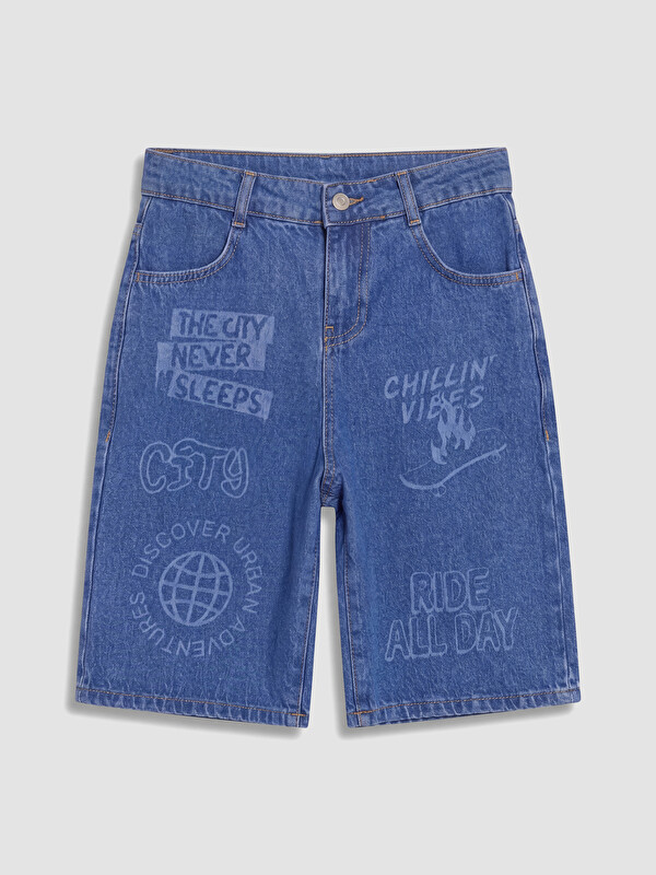 LCW Kids Baskılı Erkek Çocuk Jean Bermuda Şort
