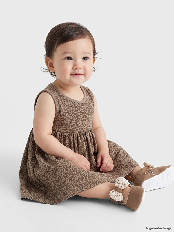 LCW baby Bisiklet Yaka Leopar Desenli Kız Bebek Penye Elbise