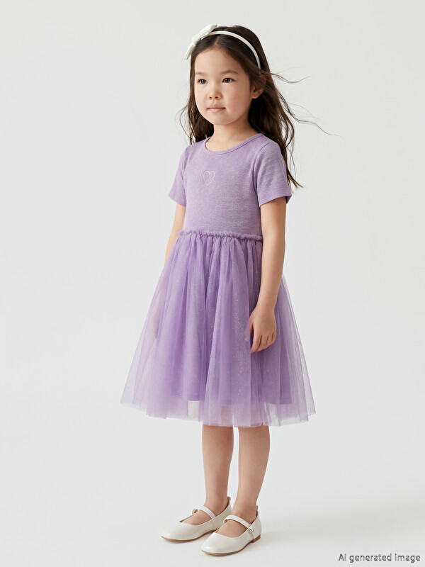 LCW Kids Kalp Nakışlı Simli Kız Çocuk Tütü Elbise