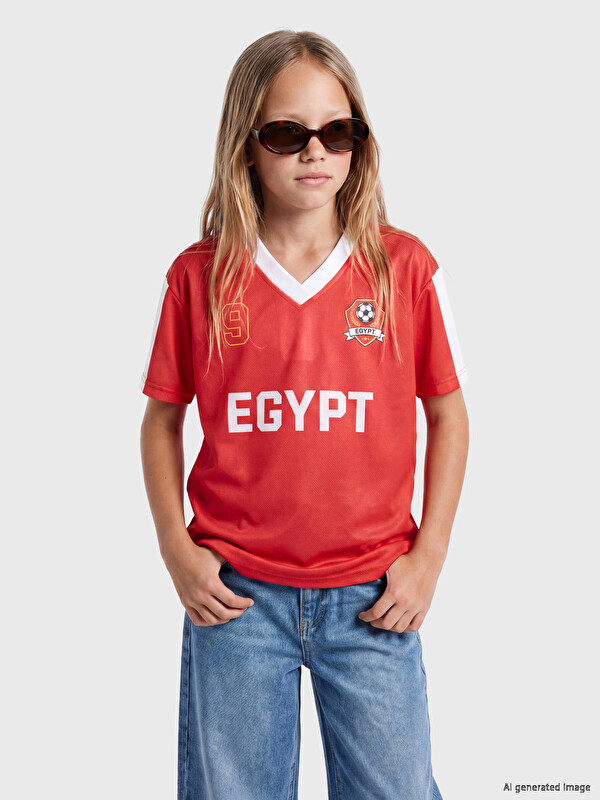 LCW Kids V Yaka Mısır Baskılı Kız Çocuk Tişört