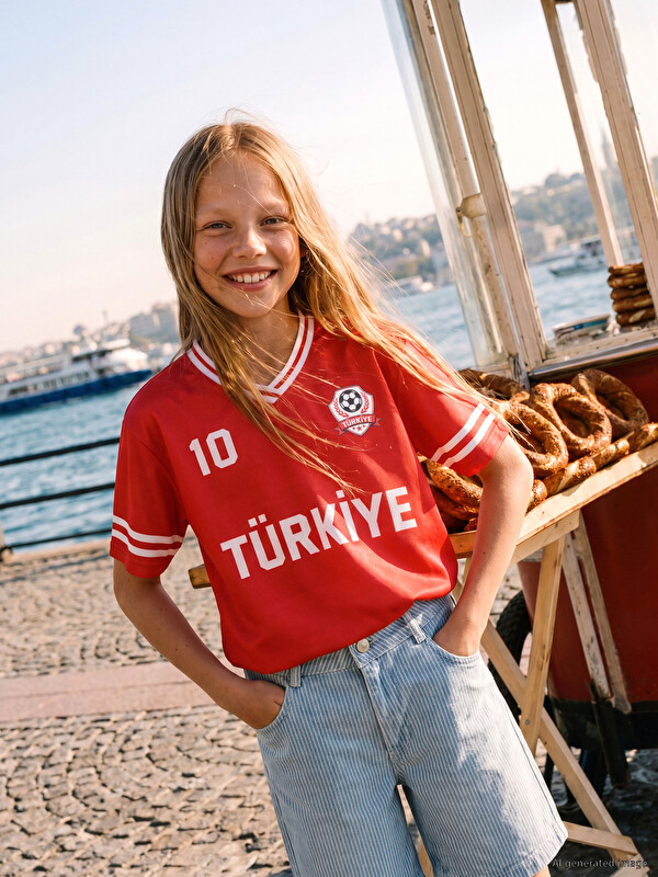 LCW Kids V Yaka Türkiye Baskılı Kız Çocuk Tişört