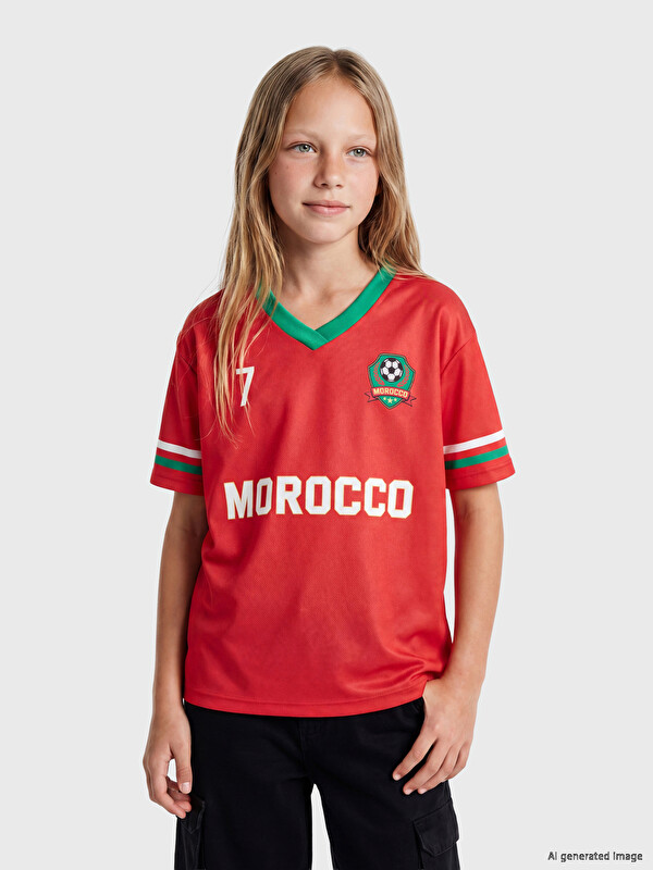 LCW Kids V Yaka Fas Baskılı Kız Çocuk Tişört