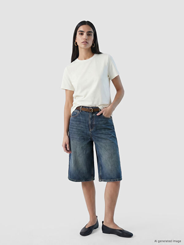 LCW Jeans Beli Kemerli Bermuda Fit Kadın Jean Şortolon