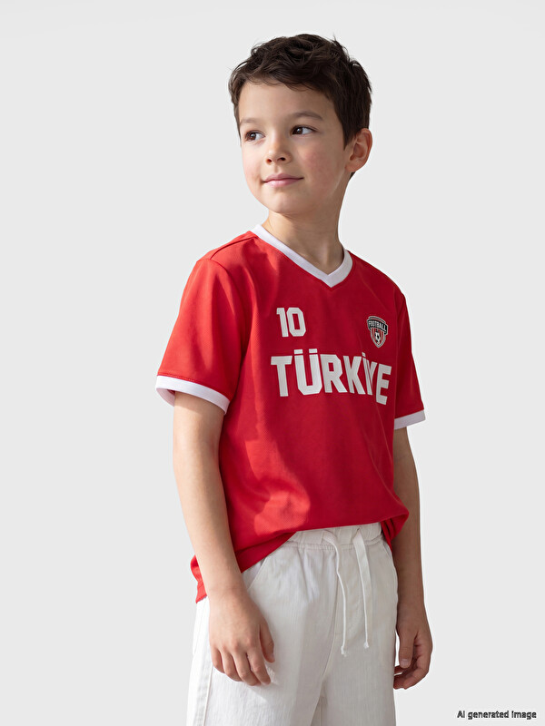LCW Kids V Yaka Türkiye Baskılı Erkek Çocuk Tişört