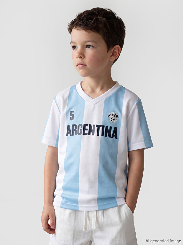 LCW Kids V Yaka Arjantin Baskılı Erkek Çocuk Tişört
