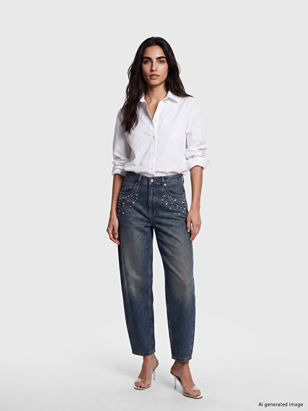 LCW Jeans Barrel Fit Taşlı Kadın Jean Pantolon
