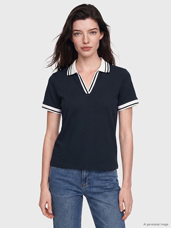 LCW Comfort Polo Yaka Şeritli Soft Touch Kadın Tişört