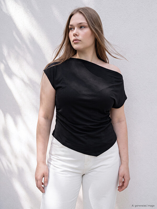 LCWAIKIKI Curve Slash Neck Plus Size Ruched Blouse