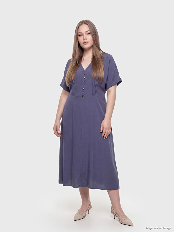 LCWAIKIKI Curve Plus Size V Neck Pleat Detailed Dress