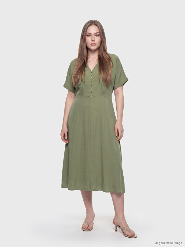 LCWAIKIKI Curve Plus Size V Neck Pleat Detailed Dress