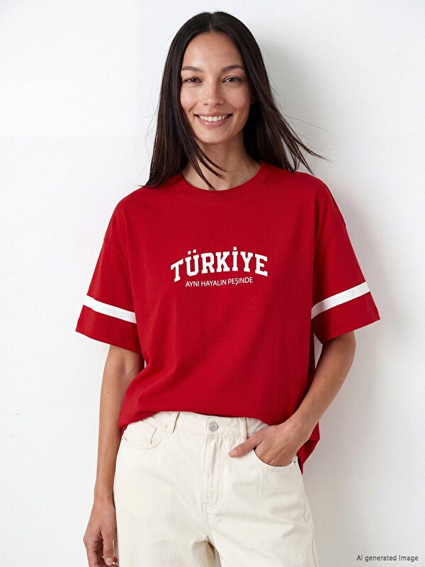 LCW Comfort Bisiklet Yaka Türkiye Baskılı Kadın Tişört
