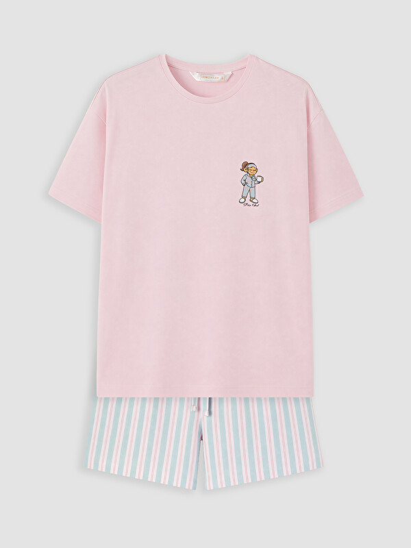 LCW DREAM Nakışlı %100 Pamuklu Kadın Şortlu Pijama Takımı
