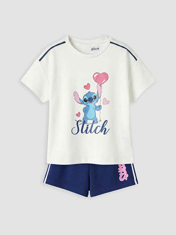LCW Kids Stitch Baskılı Kız Çocuk Şortlu Takım
