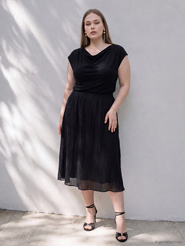 LCWAIKIKI Curve Plus Size Linen Blend Flared Skirt