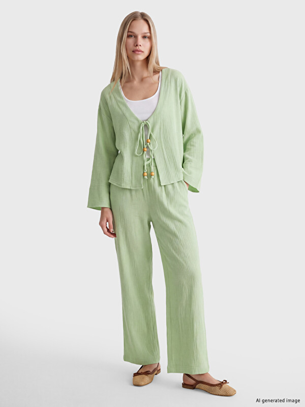 LCW Vision V Neck Lace-up Women's Kimono