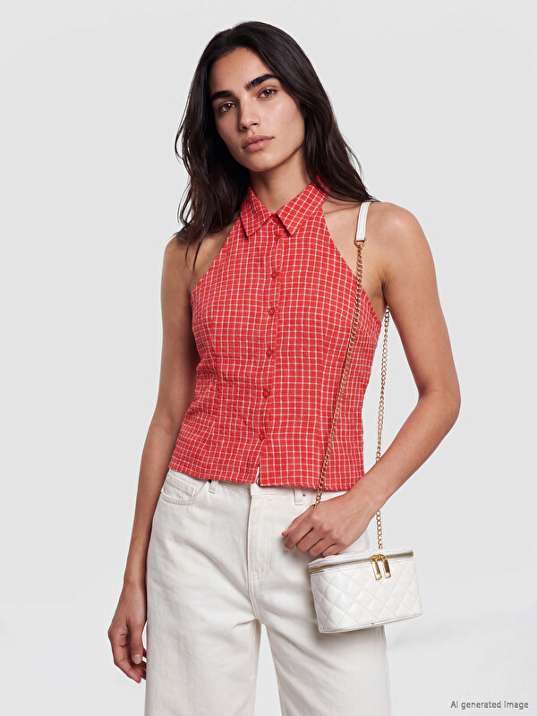 LCW Vision Halter Neck Shirt Collar Plaid Blouse