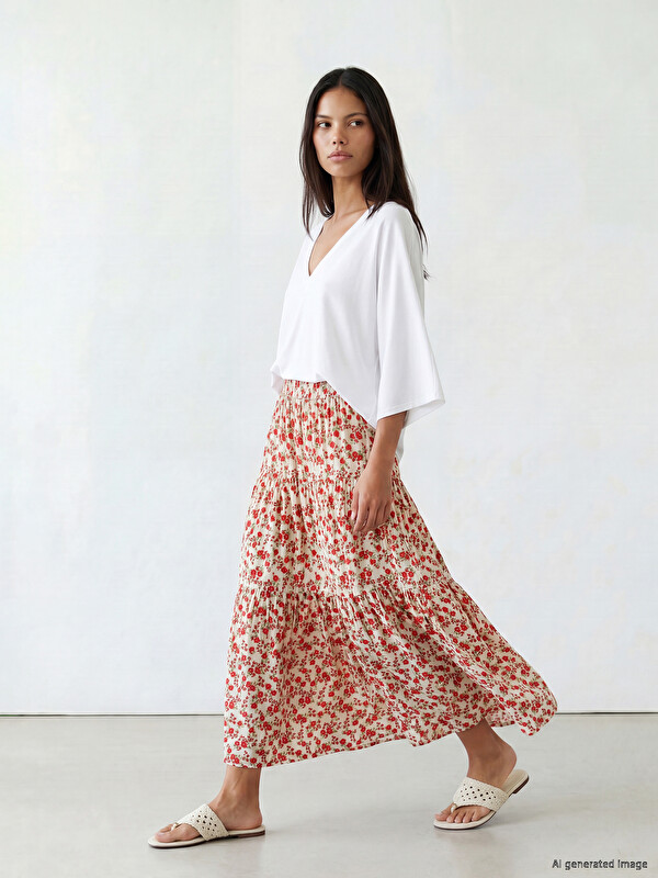 LCW Modest Beli Lastikli Çiçekli KatKat Etek
