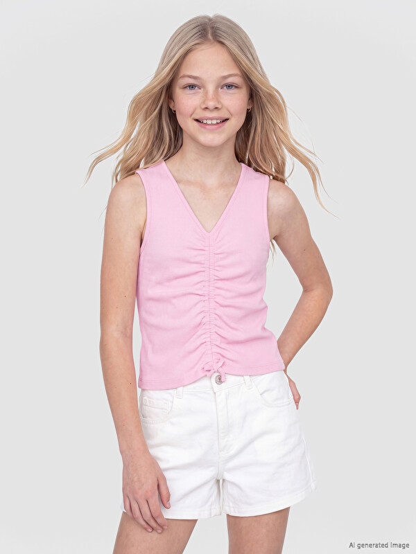 LCW Kids V Yaka Büzgülü Kız Çocuk Atlet