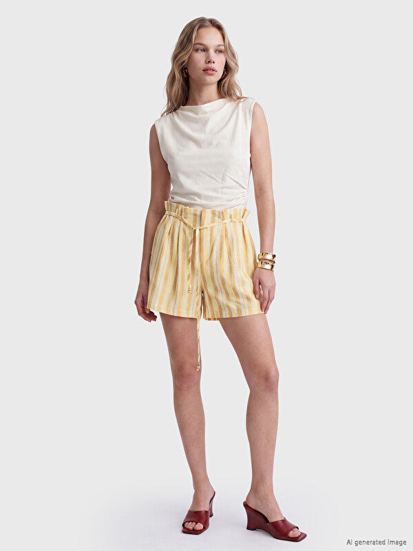 LCW Vision Elastic Waist Striped Sashed Women's Shorts