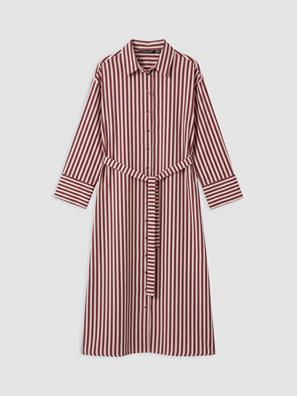 LCW Modest Beli Kuşaklı Çizgili Gömlek Elbise