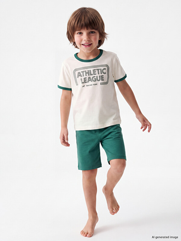 LCW Kids Crew Neck Printed Boys' Shortie Pyjama Set