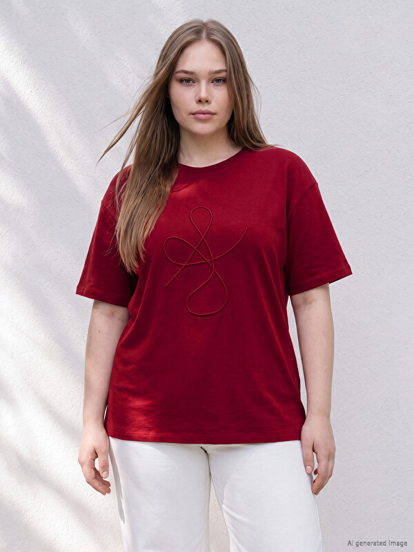 LCWAIKIKI Curve Plus Size Embroidered 100% Cotton Women's T-Shirt