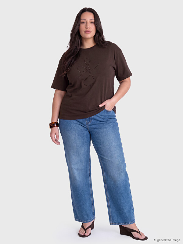LCW Curve Plus Size Embroidered 100% Cotton Women's T-Shirt