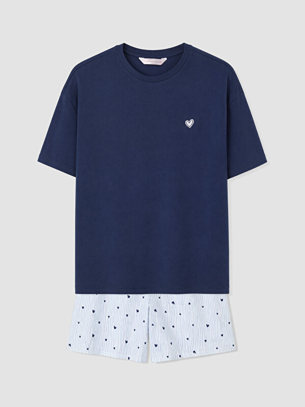 LCW DREAM Bisiklet Yaka Nakışlı Kadın Şortlu Pijama Takımı